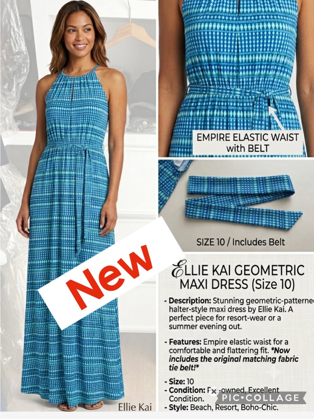NEW Ellie Kai Blue Geometric Halter Maxi Dress size 10 -elastic waist